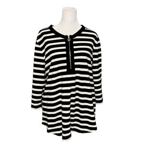 Anne Klein Blue Striped Logo Zipper 3/4 Sleeve Tshirt Size XL NWOT